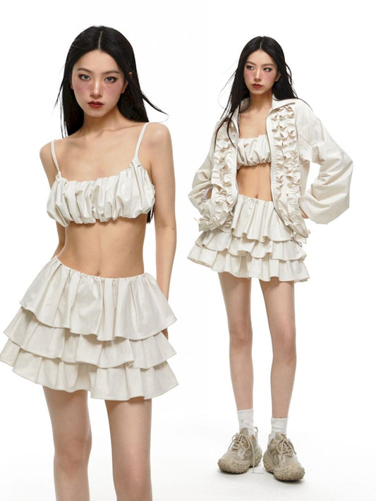 Pleated Stretch Cami Ruffle Cake Dress Set【s0000009589】