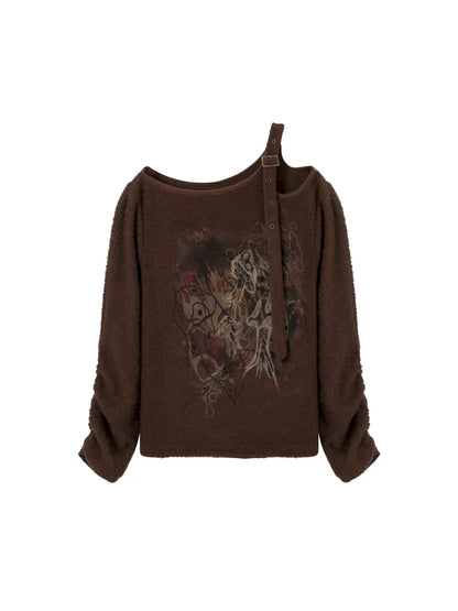 Retro Strapless Long Sleeve Printed Loose Sweatshirt【s0000007109】
