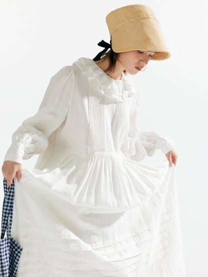 Pleated Ruffle Lace Neck Dress【s0000007635】