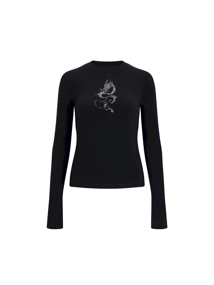 Dragon print rhinestone round neck bottom knit sweater【s0000006398】