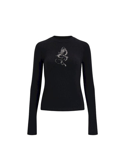Dragon print rhinestone round neck bottom knit sweater【s0000006398】