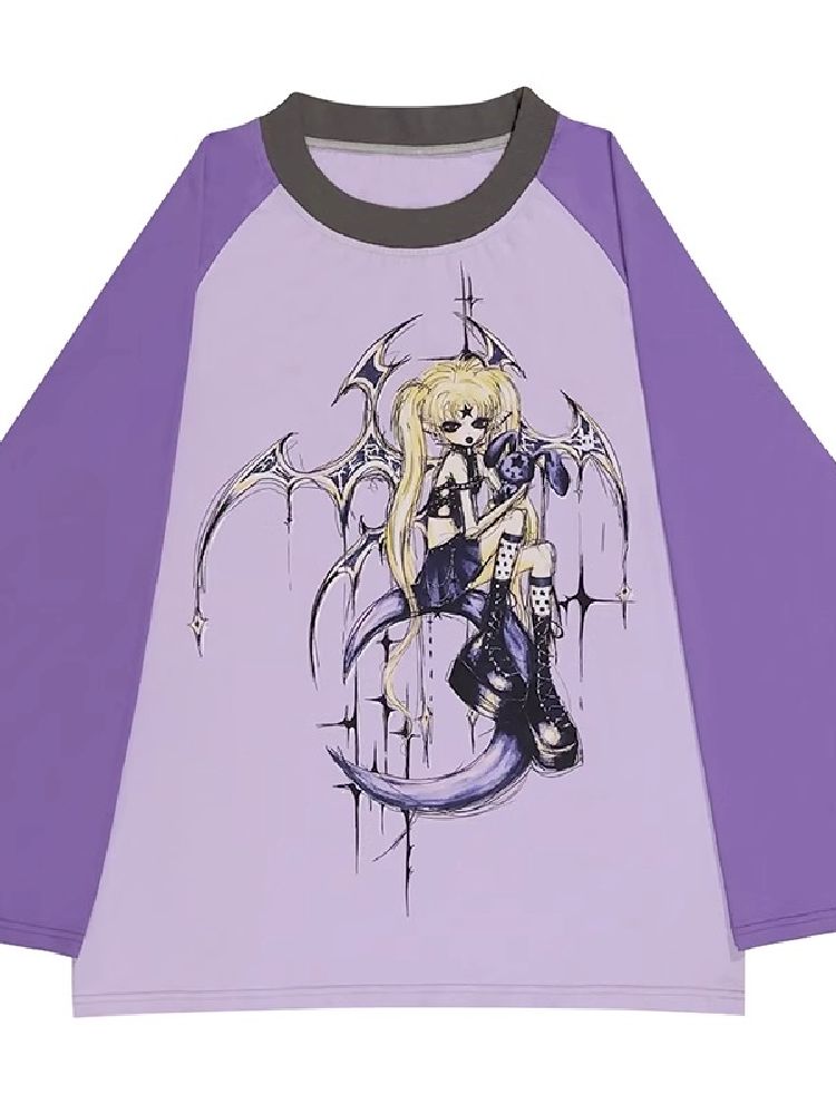 Witch Print T-Shirt with Placket Sleeve【s0000005020】