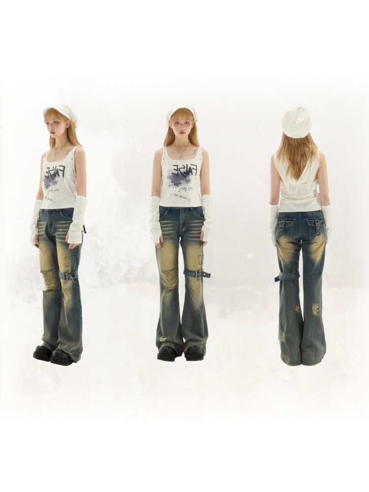 Washed and worn holes low-rise denim pants【s0000008391】