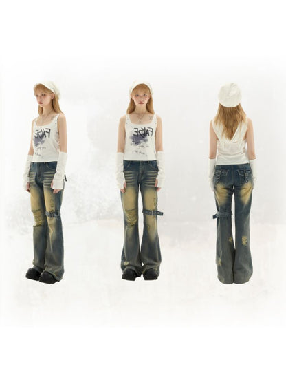 Washed and worn holes low-rise denim pants【s0000008391】