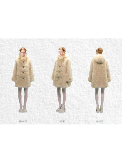 hooded mid-length loose faux fur jacket coat【s0000006033】