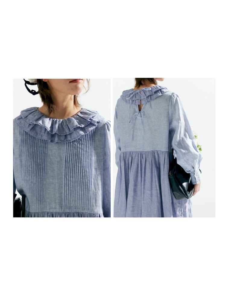 Pleated Ruffle Lace Neck Dress【s0000007635】