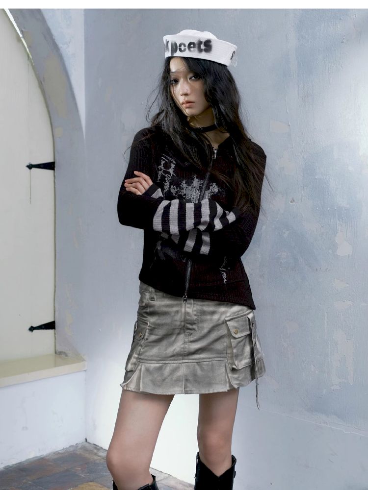 Skinny Dirty Wash Workwear Pleated Half Skirt【s0000005238】