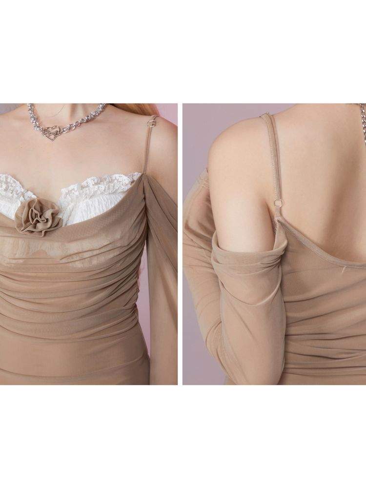 Shrink Pleated Slim Strapless Mesh Dress【s0000007858】