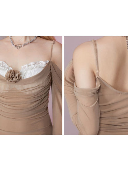 Shrink Pleated Slim Strapless Mesh Dress【s0000007858】