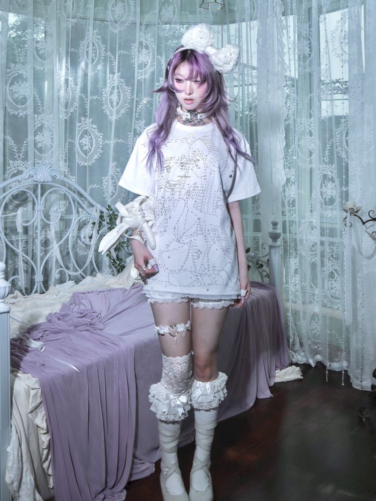 Black and white loose lace T-shirt【s0000009271】