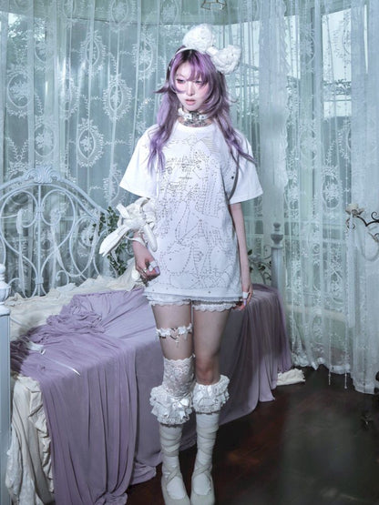 Black and white loose lace T-shirt【s0000009271】