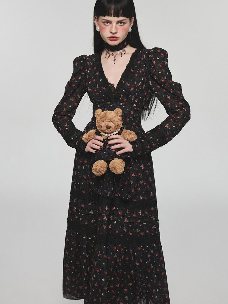 Retro bear floral lace waist long V-neck dresses【s0000004741】