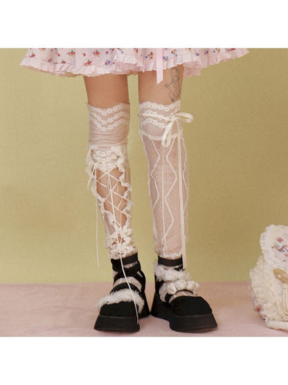 Asymmetrical Girly Lace Tie Mid Calf Socks 【s0000007780】