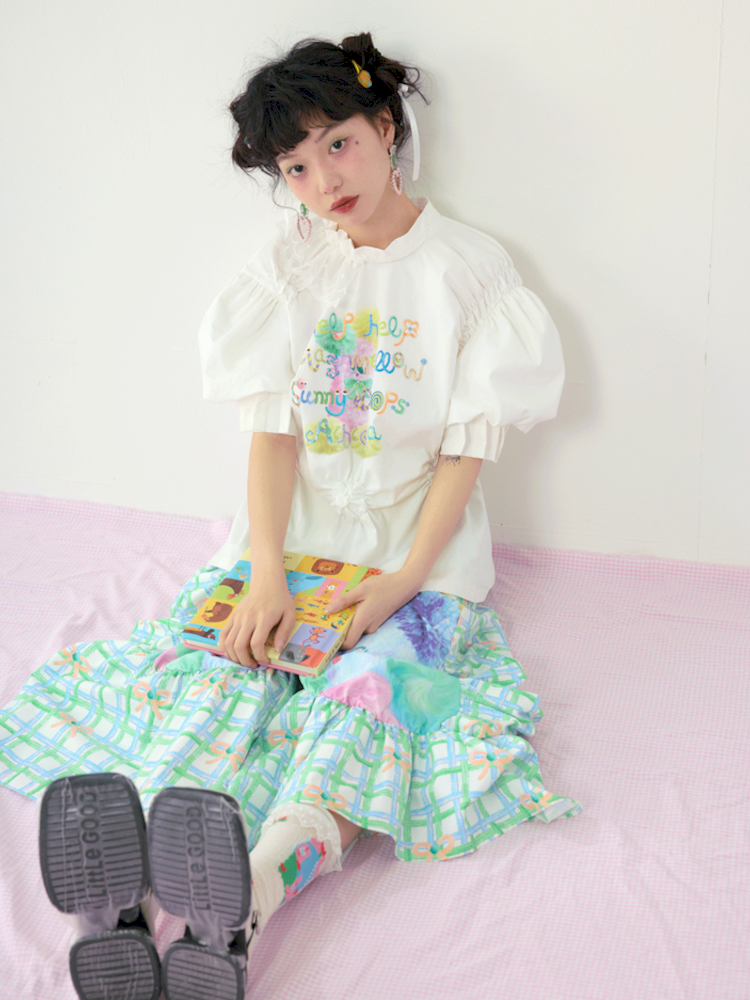 Lace Drawstring Bubble Sleeve White Tee【s0000009080】