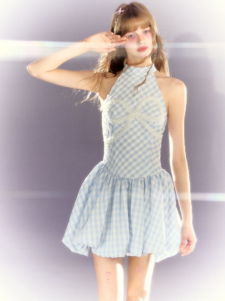 Plaid Pearl Bow Waisted Short Dress【s0000009318】