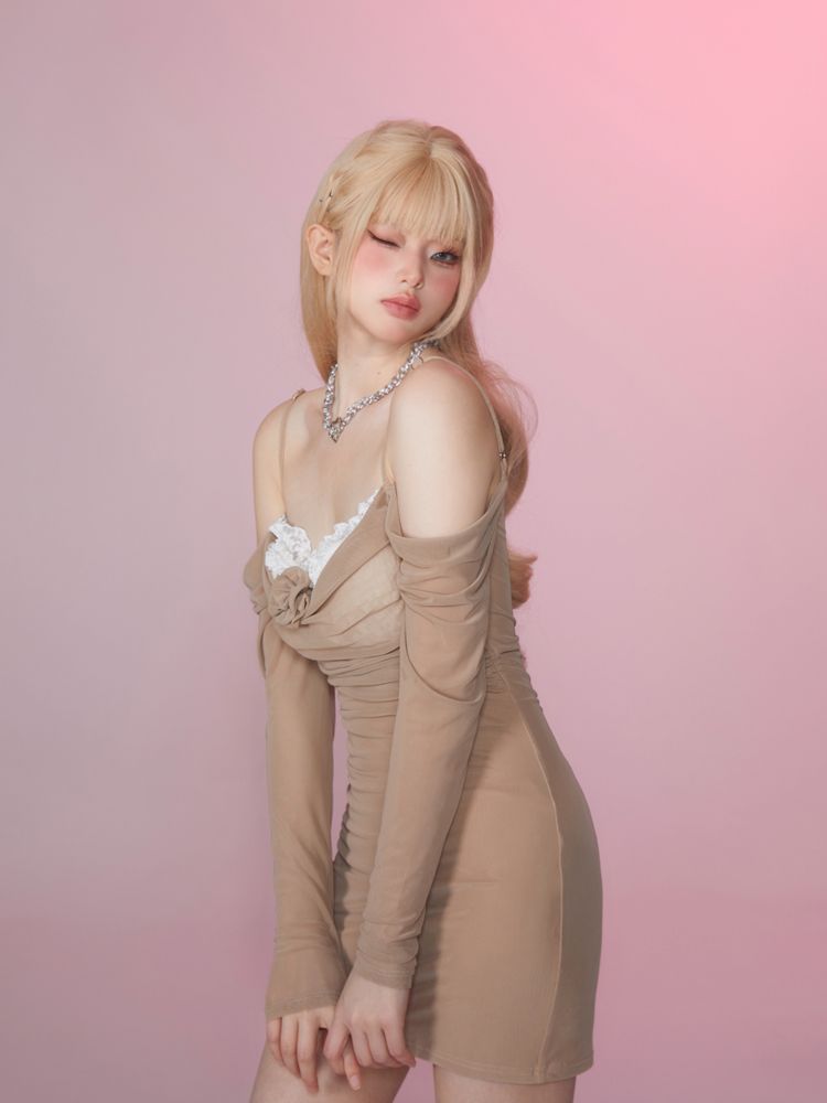 Shrink Pleated Slim Strapless Mesh Dress【s0000007858】