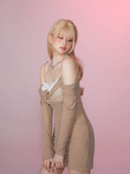 Shrink Pleated Slim Strapless Mesh Dress【s0000007858】