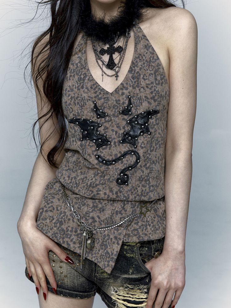 Embroidered Leopard Print Hanging Neck Vest Camisole【s0000009009】