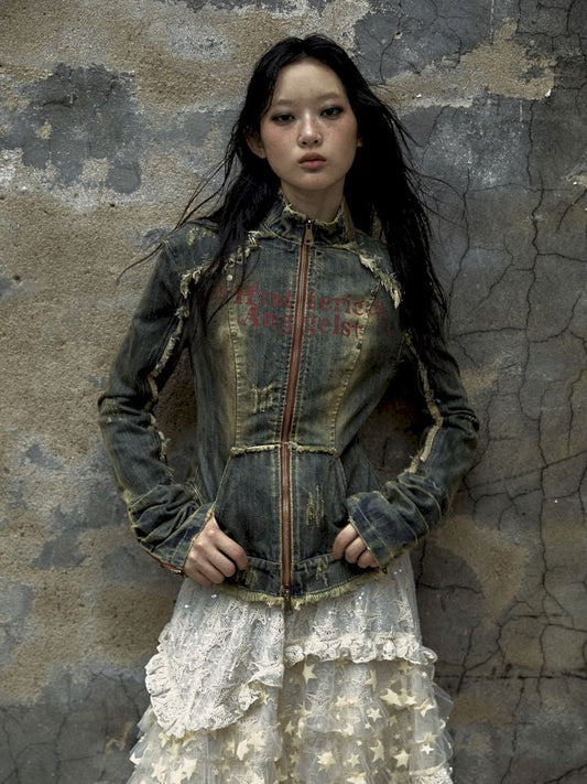 Washed Denim Waist Stand Collar Jacket