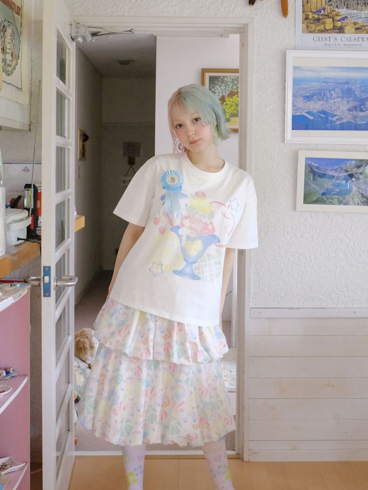 White Cartoon Printed Girls Short Sleeve T-Shirt【s0000009089】