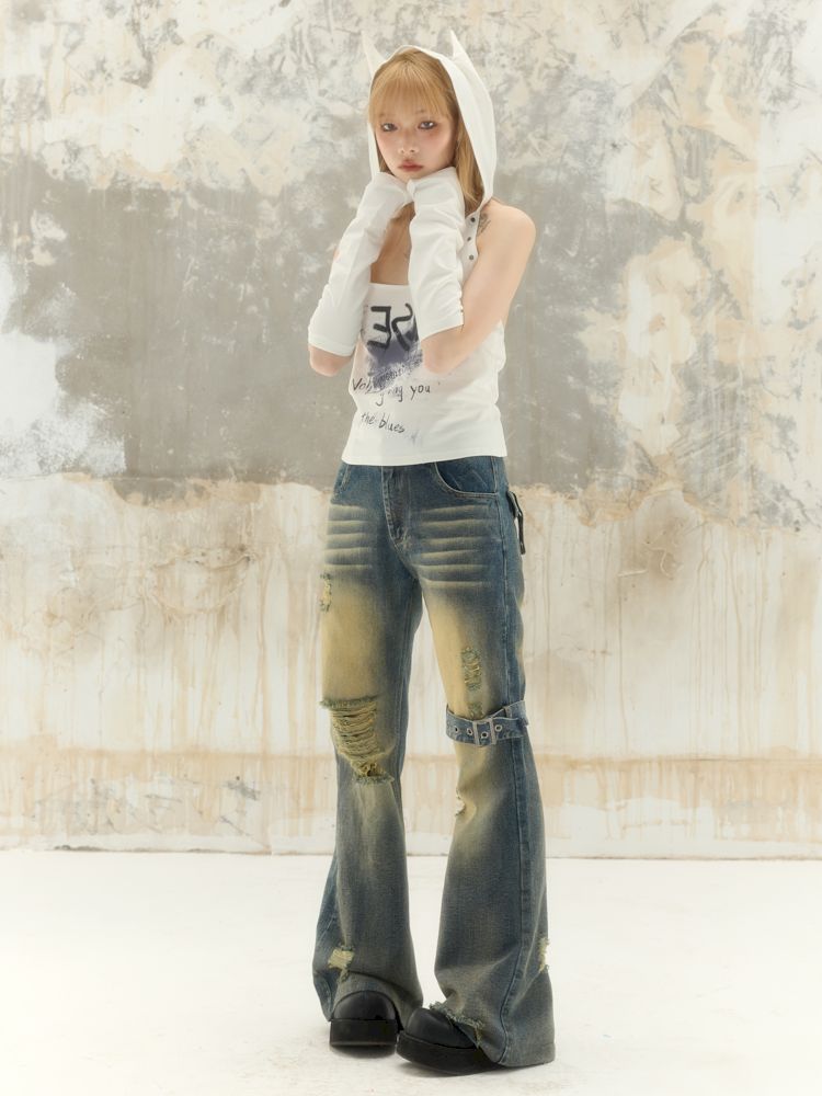 Washed and worn holes low-rise denim pants【s0000008391】