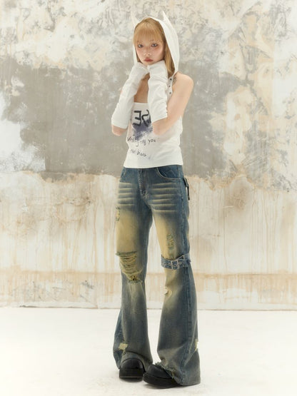 Washed and worn holes low-rise denim pants【s0000008391】