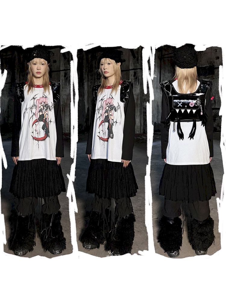 Witch Print T-Shirt with Placket Sleeve【s0000005020】