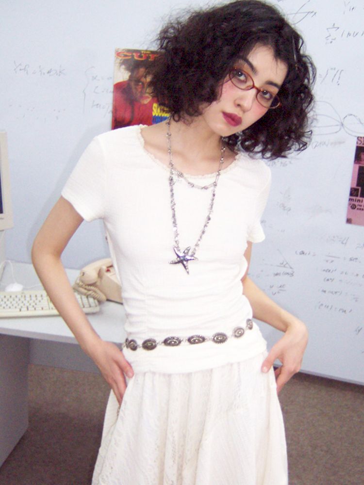 Round Lace Neck Jacquard Pleated Short Sleeve T-Shirt【s0000008850】