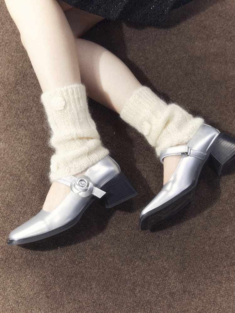 Silver Camellia Square Toe Mary Jane Leather Shoes【s0000006664】