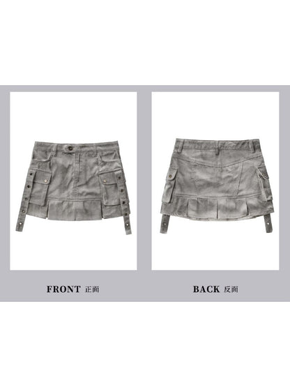 Skinny Dirty Wash Workwear Pleated Half Skirt【s0000005238】