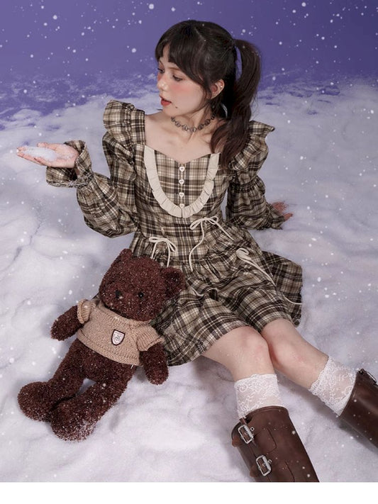 Plaid Bow Fly Sleeve Dress【s0000005043】