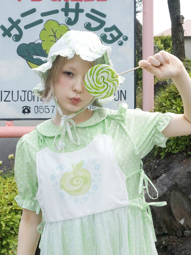 Doll Neck Green Polka Dot Cute Girls Dress【s0000009083】