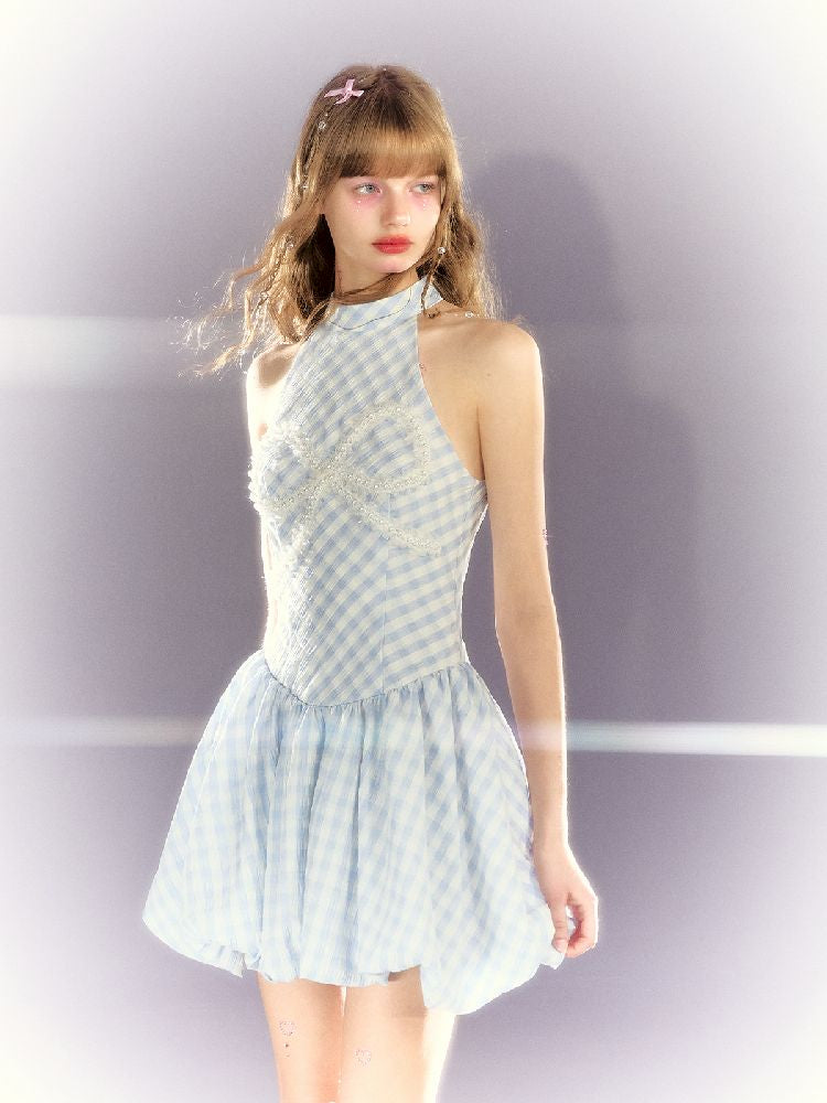 Plaid Pearl Bow Waisted Short Dress【s0000009318】