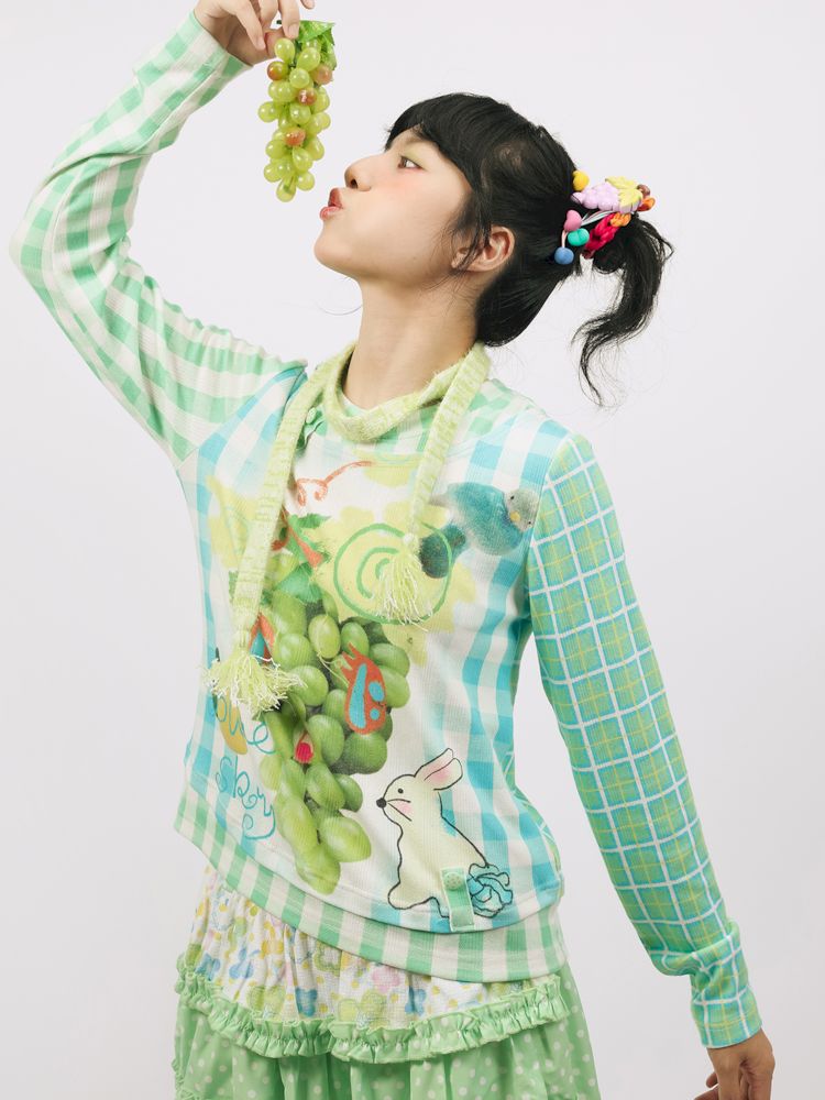 Plaid Grape Print Cute Long Sleeve T-Shirt【s0000009908】