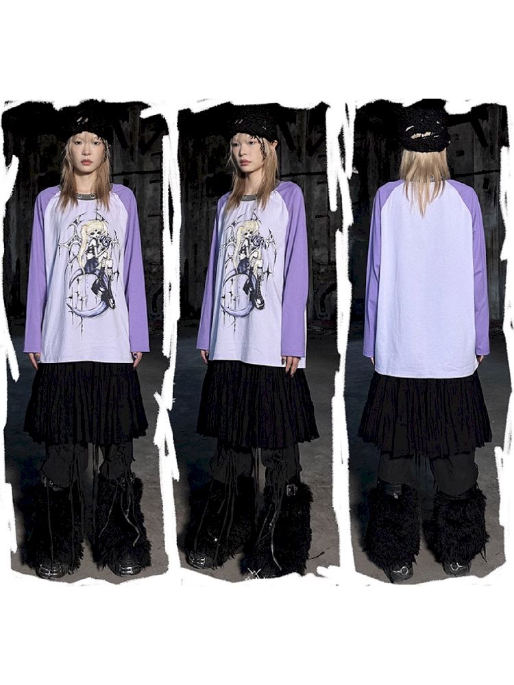 Witch Print T-Shirt with Placket Sleeve【s0000005020】