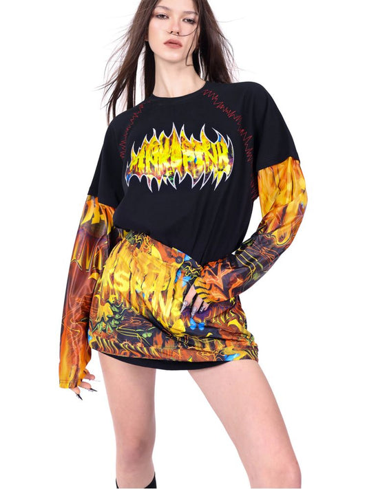 Flame Cat Concept Genderless Loose Street Patchwork Sleeve T【s0000009399】