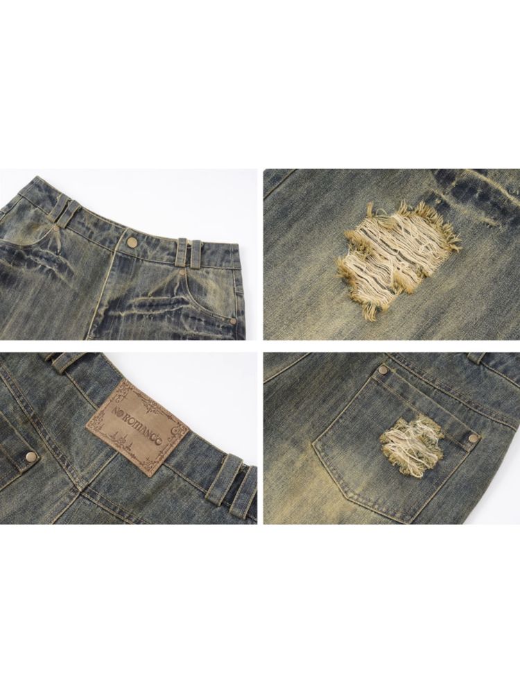 Washed ripped holes loose wide leg jeans【s0000009756】