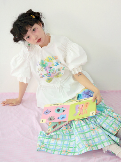 Lace Drawstring Bubble Sleeve White Tee【s0000009080】