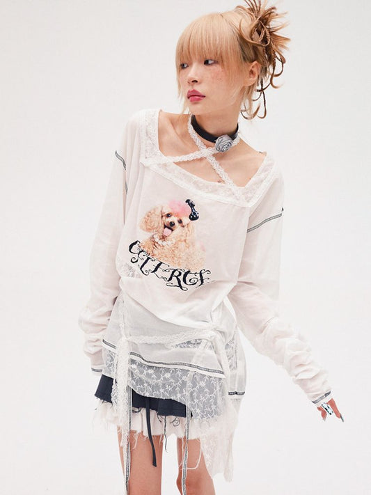 Poodle Print Lace Up Long Sleeve Top【s0000008220】