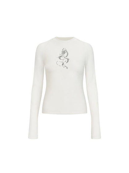 Dragon print rhinestone round neck bottom knit sweater【s0000006398】