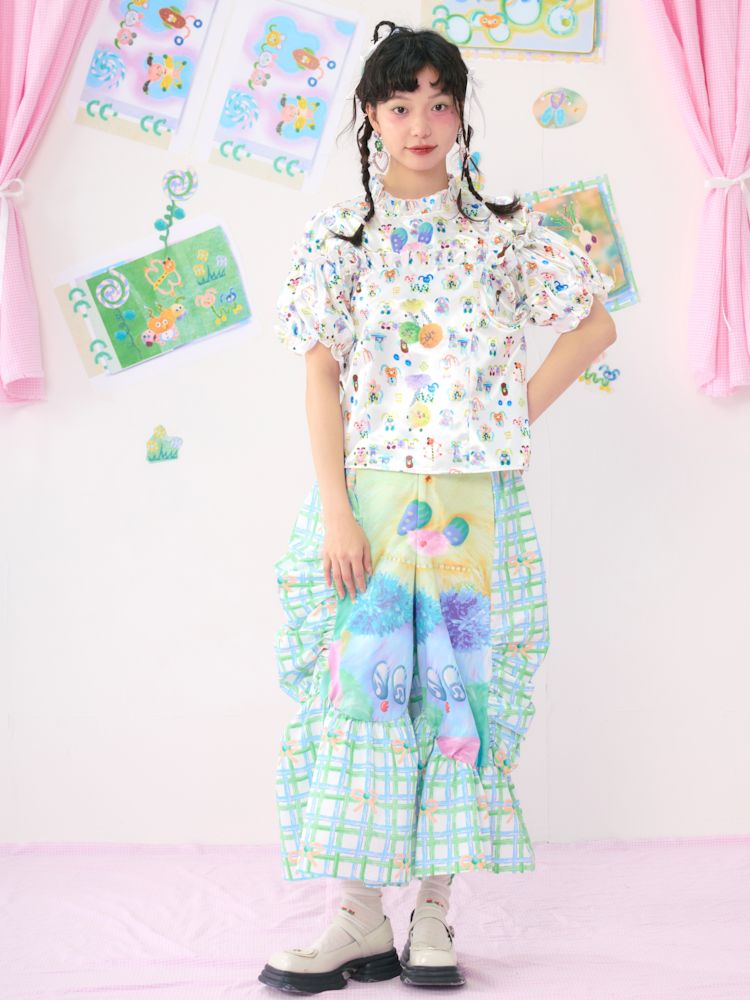 Satin Colour Print Short Bubble Sleeve Shirt【s0000009540】