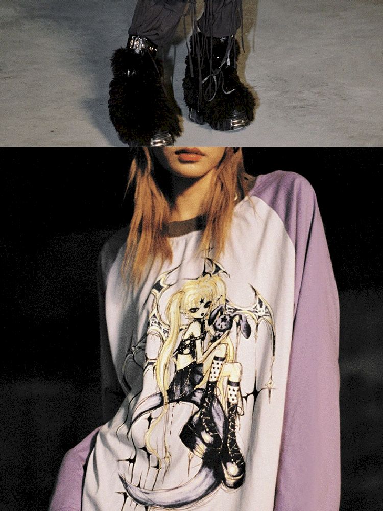 Witch Print T-Shirt with Placket Sleeve【s0000005020】