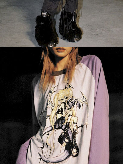 Witch Print T-Shirt with Placket Sleeve【s0000005020】