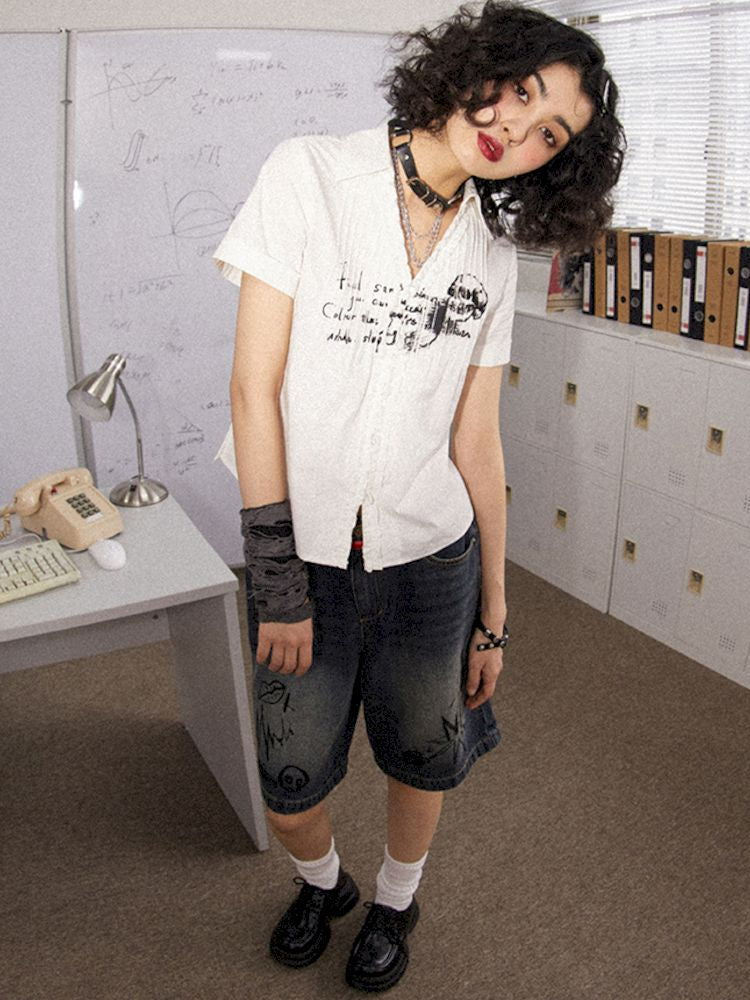 Printed Pinch Pleat Positive Shoulder Short Sleeve Shirt【s0000008834】