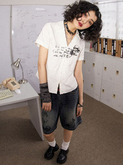 Printed Pinch Pleat Positive Shoulder Short Sleeve Shirt【s0000008834】