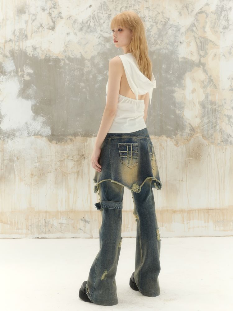 Washed and worn holes low-rise denim pants【s0000008391】