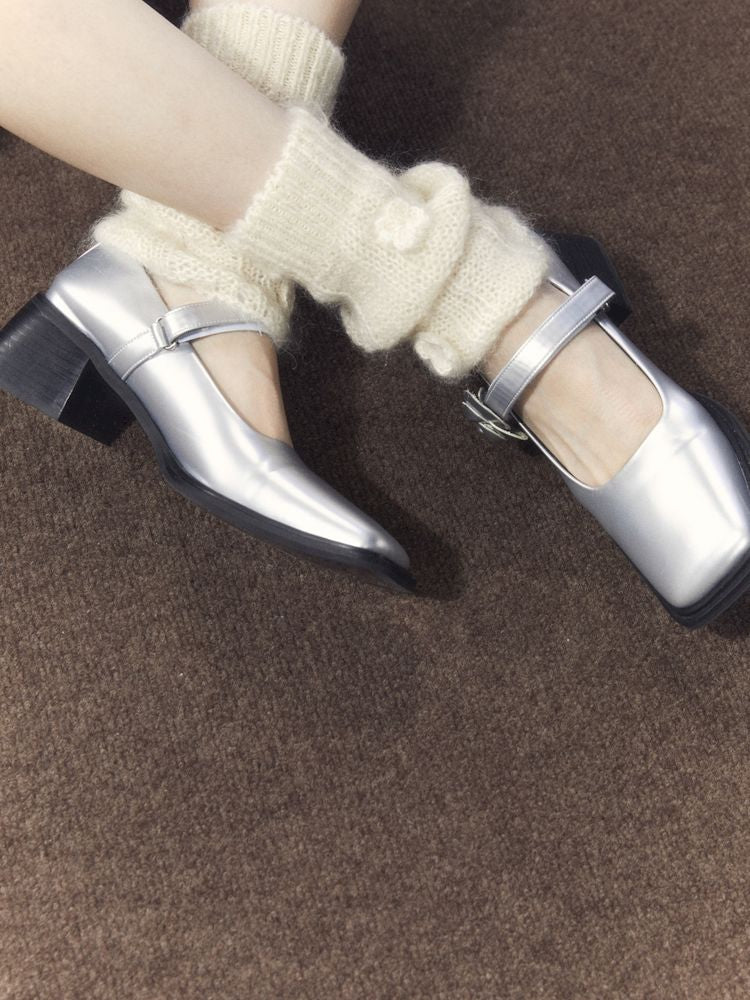 Silver Camellia Square Toe Mary Jane Leather Shoes【s0000006664】