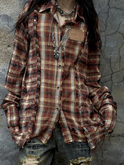 Old washed color collision plaid shirt【s0000009754】