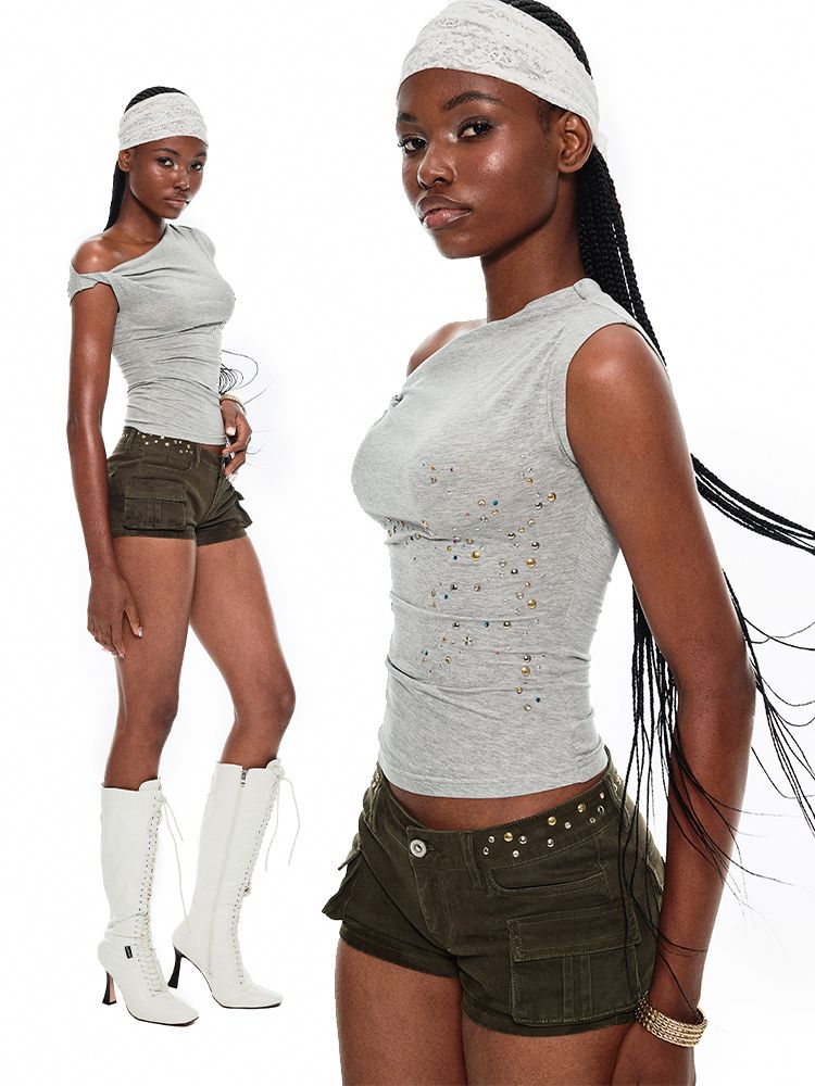 Studded Workwear Low Waisted Hipster Proportionate Shorts【s0000009429】