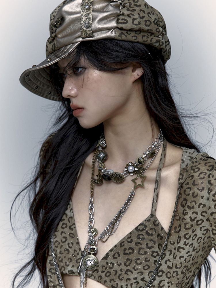 Punk Leopard Print Splicing Rivets Beret【s0000008999】